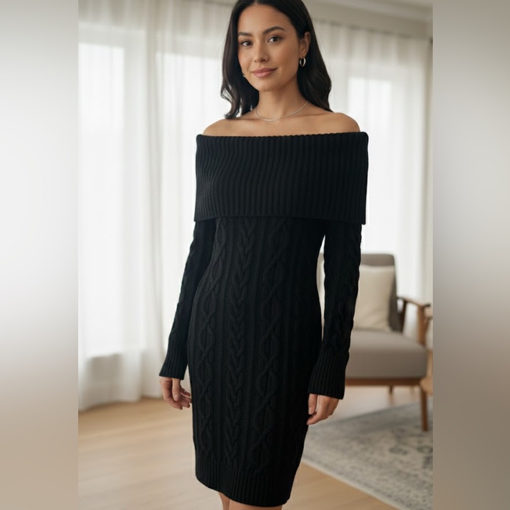 Elegant Black Off-the-Shoulder Sweater Dress